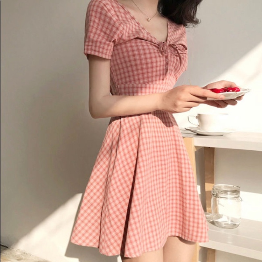 Pink Short-Sleeve Checker A-Line Mini Dress